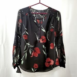 Le Chateau Black Blouse with Red Floral Design And Lace Detailing
